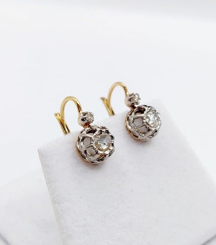 Boucles d'oreilles Dormeuses anciennes en or 18k et diamants taille rose (circa 1890) 58 Facettes A06468