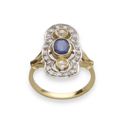 Bague 55 Bague en or jaune et gris 18 Cts avec saphirs et diamants vers 1970. Taille 55. 58 Facettes FB10280