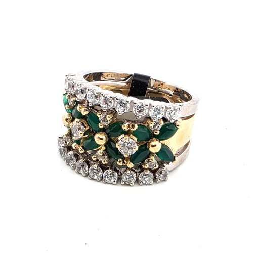 Anello fascia anni 70' oro giallo con smeraldi e diamanti 58 Facettes