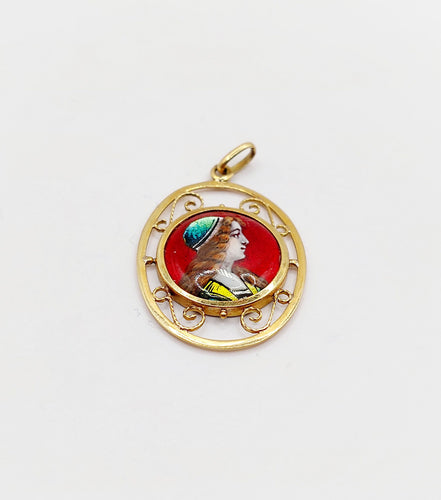 Pendentif Pendentif art nouveau plaque émaillée jeune fille en or 18k Limoges 58 Facettes A06401