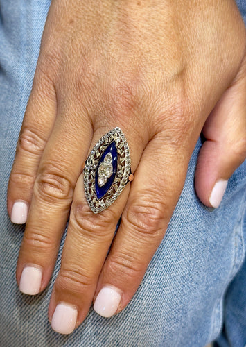 Bague 56 Bague Belle Époque marquise or et argent, diamants anciens 58 Facettes