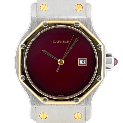 Montre Cartier Santos RARE Santos Round Octagon Date 2966 Burgundy Red Ruby Large Octogonale Gold Stainless 58 Facettes