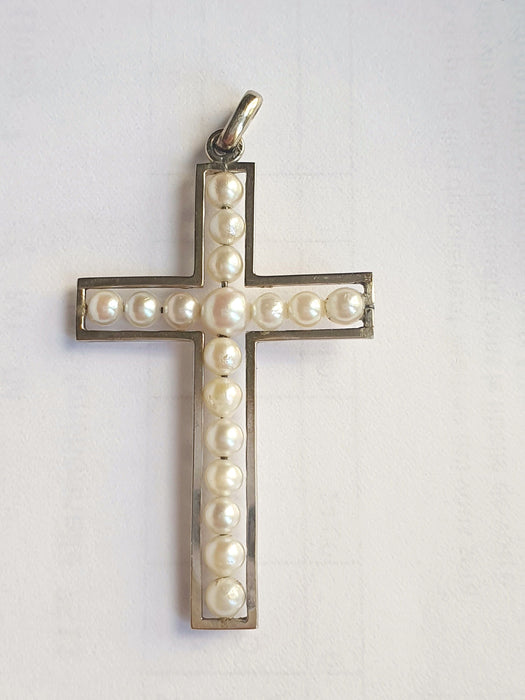 Pendentif Croix Art Déco or blanc et perles 58 Facettes C 373   MD22