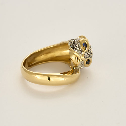 Feline-ring i gult gull, diamanter, safirer 