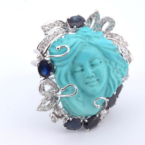 Bague 59 Bague sculptée en saphir, diamant et turquoise 58 Facettes