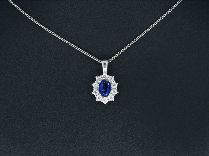 White gold entourage pendant with diamonds and sapphire 58 Facettes 2299