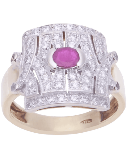 Bague Notre Dame or jaune 18K rubis diamants