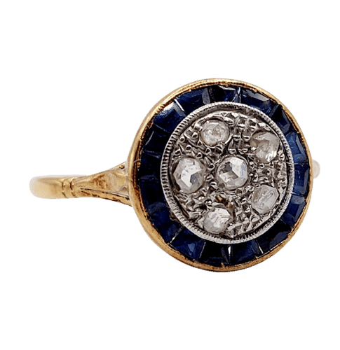 Bague 59 Bague cible Art déco en or 18k, diamants et saphirs synthétiques 58 Facettes A06447