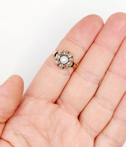 Bague 55 Bague marguerite antique en or rose 18k avec perle et diamants taille roses 58 Facettes A06463