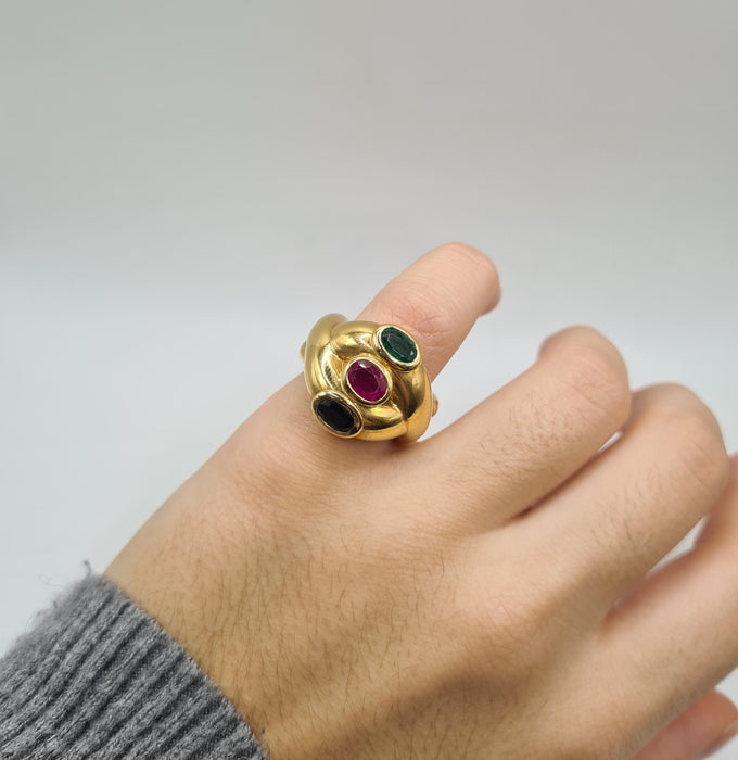 Bague 49.5 Bague or jaune saphir, rubis et émeraude 58 Facettes