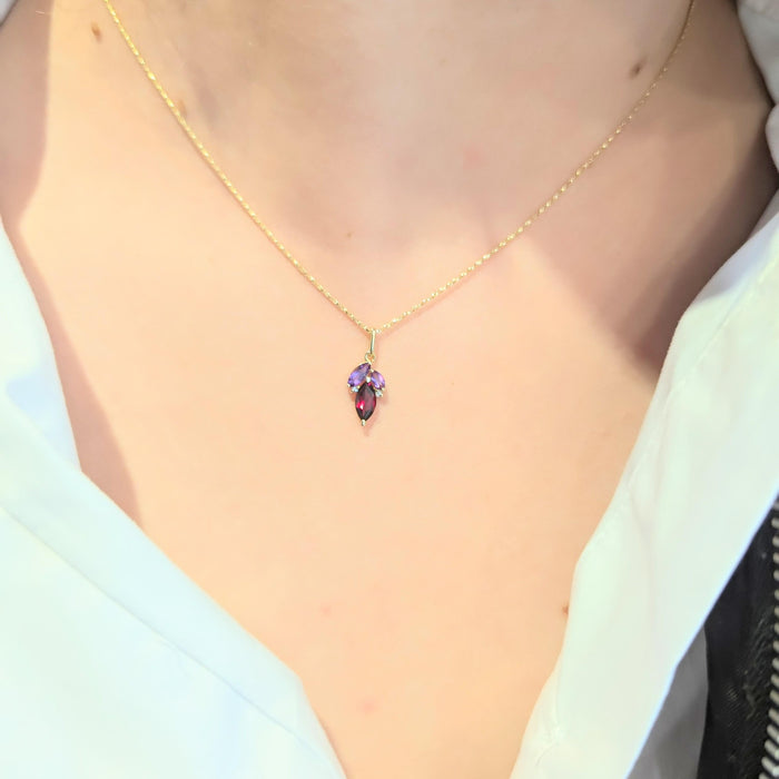 Yellow gold, diamond, amethyst, garnet necklace