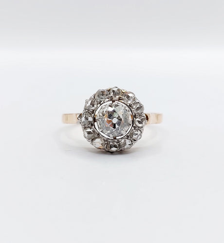 Antik ring Prästkrage i 18k roséguld och Platina, gamla slipade diamanter 