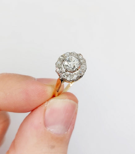 Antik ring Prästkrage i 18k roséguld och Platina, gamla slipade diamanter 