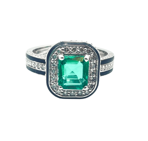Bague 53 Bague Art déco émeraude 1,30 ct et diamants en or blanc 18 carats 58 Facettes