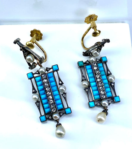 Boucles d'oreilles Boucles d’oreilles or jaune et argent, turquoises, diamants, perles fines, vers 1880 58 Facettes AB543