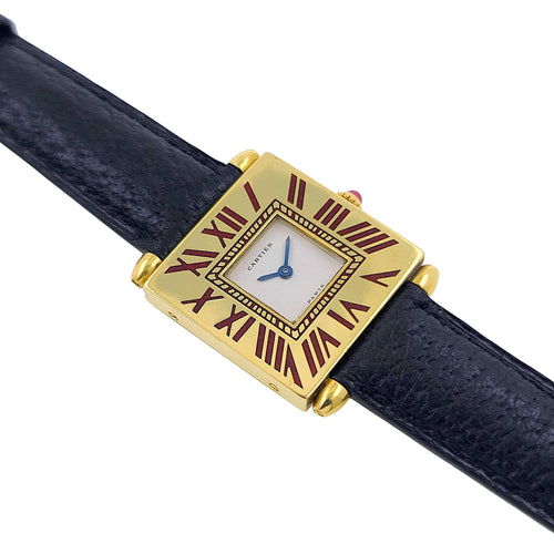 Montre Rarity Cartier Quadrant Burgundy Enamel Full Set Large Model A102 Ruby Obus 1987 1984 58 Facettes