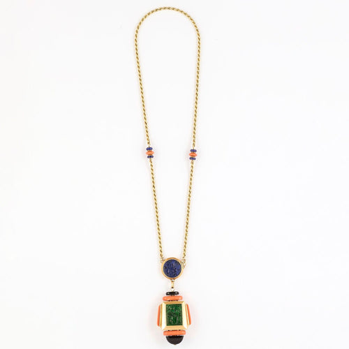 Collier Atelier Georges Lenfant - Exceptionnel Collier en or jaune lapis lazuli ,jade, nephrite, corail et onyx. 58 Facettes 58FC9
