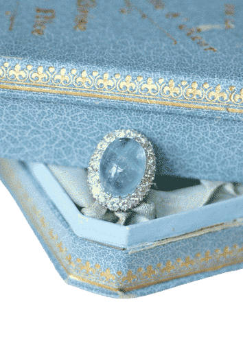 Bague 53.5 Bague Marguerite or blanc, Cabochon Aigue-Marine et Diamants 58 Facettes