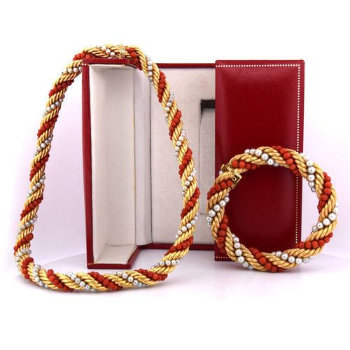 Collier Parure collana e bracciale en or jaune 18k avec corail et perles naturelles 58 Facettes