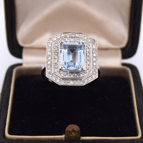 Bague 57 Bague Art Déco - Or blanc, aigue-marine et diamants 58 Facettes