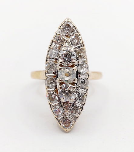 Bague 55.5 Bague marquise antique en or 18k et platine, diamants taille ancienne 1,75 ct 58 Facettes A06464