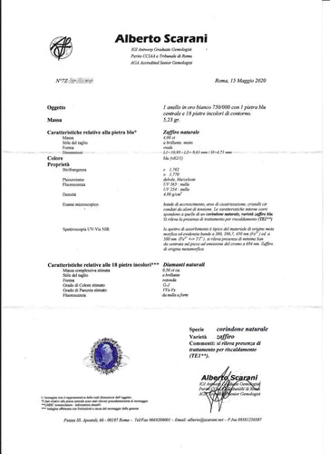 Bague 53 Bague en or blanc sertie d'un saphir de Ceylan de 4 carats et de diamants pavés 58 Facettes 6496