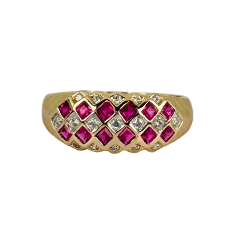 Bague Bague en or jaune ornée de rubis et de diamants à facettes carrées 58 Facettes 2511004