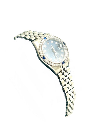 Montre Montre Rolex 36mm Automatique Or Blanc 18K « Lady Oyster Perpetual » Diamants et Saphires 58 Facettes