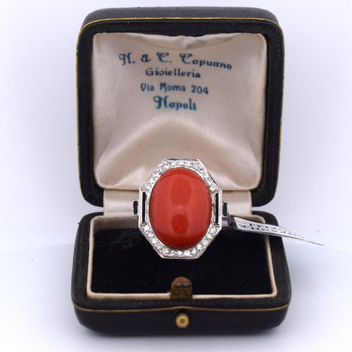Bague BAGUE - OR BLANC 18KT - CORAIL CABOCHON 58 Facettes