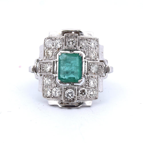 Anel Art Deco ouro esmeralda diamantes