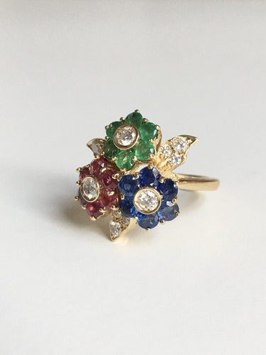 Bague 51 Bague fleurs or jaune, saphirs et rubis et émeraudes et diamants 58 Facettes