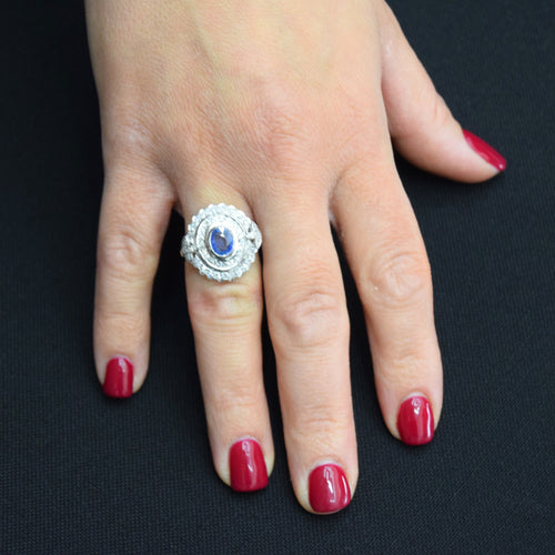 Bague 59 BAGUE OR BLANC - SAPHIR et DIAMANTS - ART DÉCO 58 Facettes