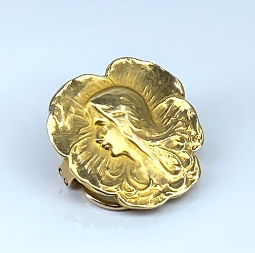 Broche Broche coulant en or jaune 18 carats, profil de femme, époque Art Nouveau 58 Facettes AB525