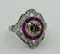 Platinum ring with diamonds and rubies. Art Deco style. 