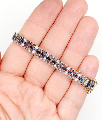 Bracelet Bracelet Art déco en or 14k et argent, diamants et saphirs calibrés 58 Facettes A06568