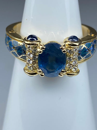 Bague 56 KORLOFF - bague saphirs, diamants, émail bleu 58 Facettes