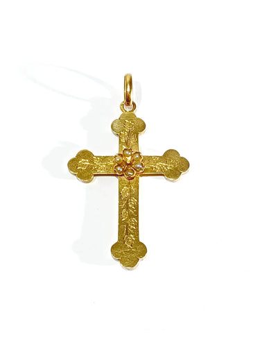 Pendentif Croix or rose et perles 58 Facettes