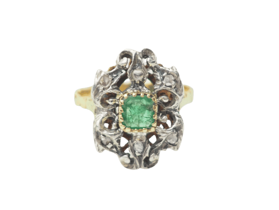 Bague 55 Bague ancienne en or jaune, émeraude et roses 58 Facettes 33262