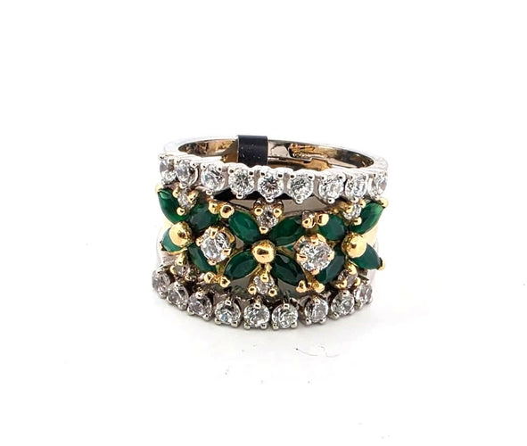 Anello fascia anni 70' oro giallo con smeraldi e diamanti 58 Facettes