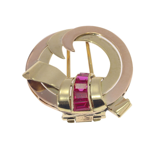 Broche Broche vintage rétro en or bicolore 18 carats sertie de rubis 58 Facettes 22166-0003