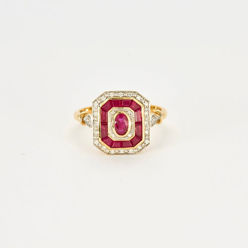 Bague 58 Bague style art déco en or jaune diamants et rubis 58 Facettes