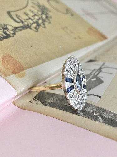 Bague 50.5 Bague Art Déco pavée en or jaune 18K et platine, saphirs et diamants 58 Facettes