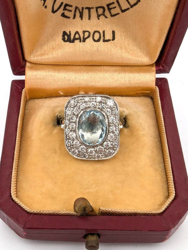 Bague 51 Bague en platine avec aigue-marine centrale et diamants environnants 58 Facettes