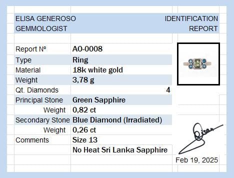 Bague 53 Bague en or avec saphir vert sans chaleur et diamants bleus 58 Facettes AO-0008