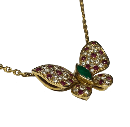 FRED - Vintage butterfly necklace in yellow gold, diamonds, rubies, emeralds