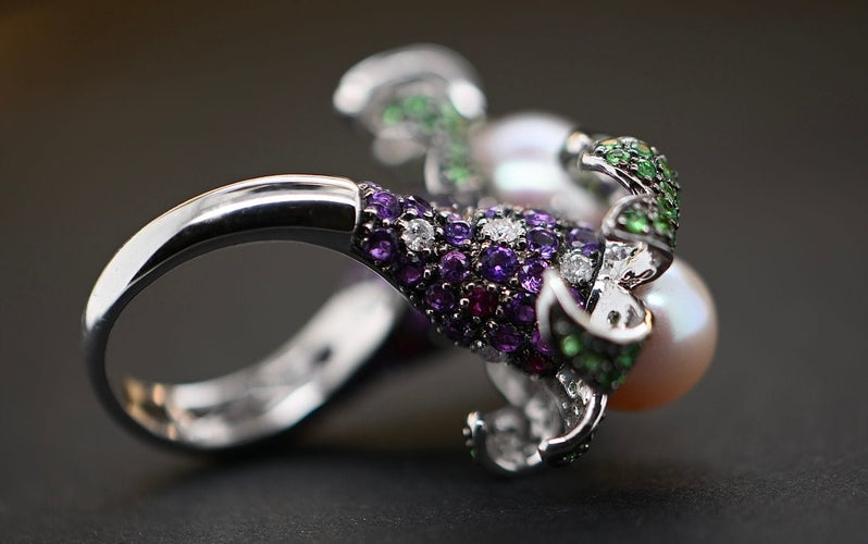 Bague 56 Bague Cocktail Perle Émeraude Améthyste Diamants Rubis 58 Facettes