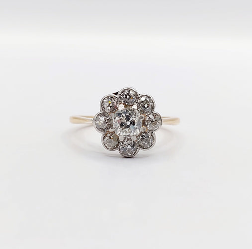 Bague 52.5 Bague marguerite antique or jaune 18k et 1,00 carats diamant taille ancienne (circa 1900) 58 Facettes A05938