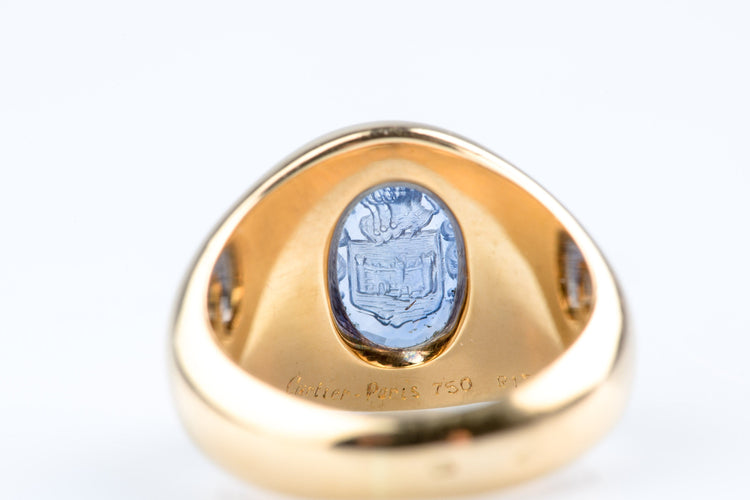 Bague 49.5 Cartier Paris – Chevalière armoriée (commande spéciale) – Or jaune 18 ct (750) – Saphir gravé en intaille – 13,10 g – 58 Facettes BGUCARTCC1428-10