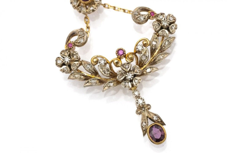 Collier Collier unique Art Nouveau en or jaune et argent, diamants et rubis 58 Facettes 10972