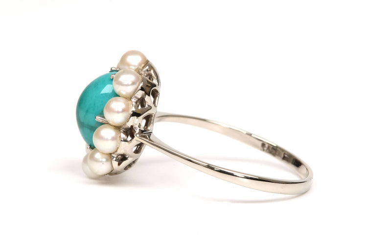 Inel Art Deco aur alb, turcoaz și perle